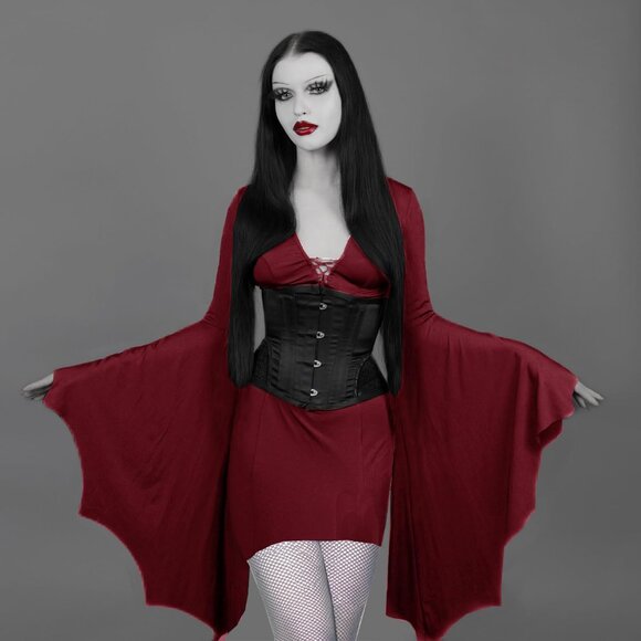 Women's Red Halloween Long Wide Sleeves Addams Costume Wrap Gothic Witch Dress - Picture 3 of 6